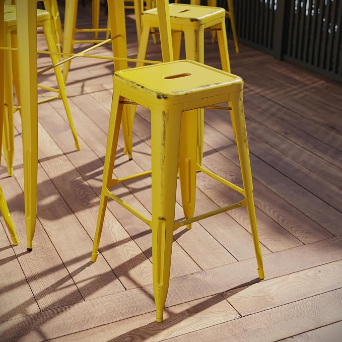 Flash Furniture Kai Commercial Grade 30" High Backless Distressed Yellow Metal - Image 2