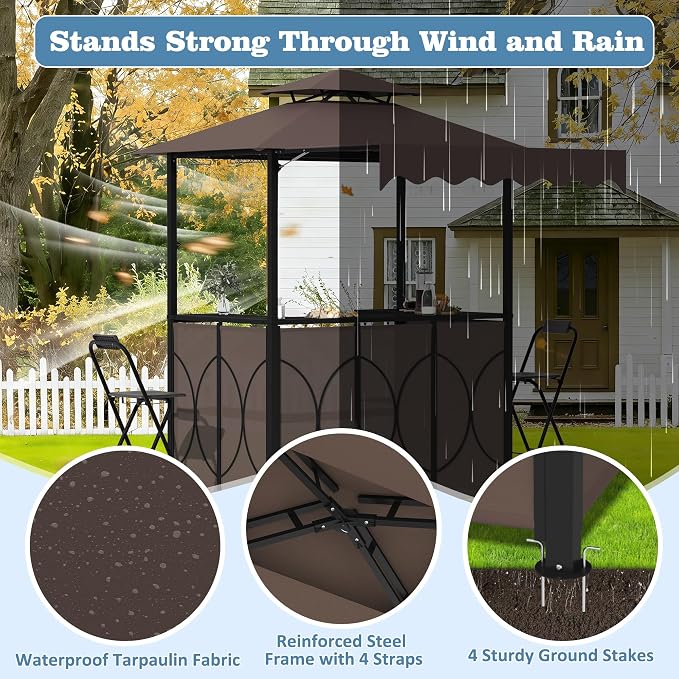 Outdoor Grill Gazebo with Patio Bar Set, Double-Tier BBQ Shelter with Side - Image 5