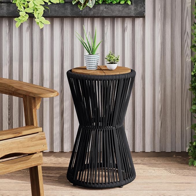Scott Living Nara 25.8" Acacia Wood Outdoor Side Table, Metal Frame+Woven Rope by ScottLivingbyDrewJonathan