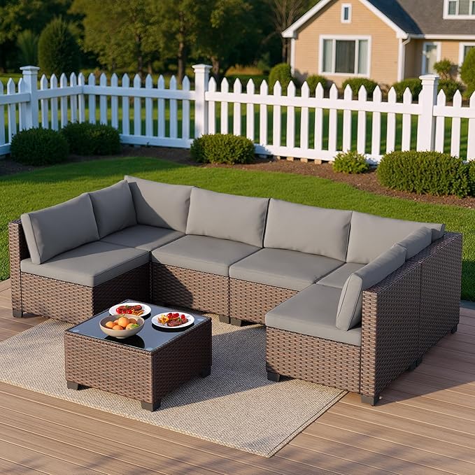 7 Pieces Outdoor Patio Furniture Set, PE Rattan Outdoor Wicker Sectional - Image 4