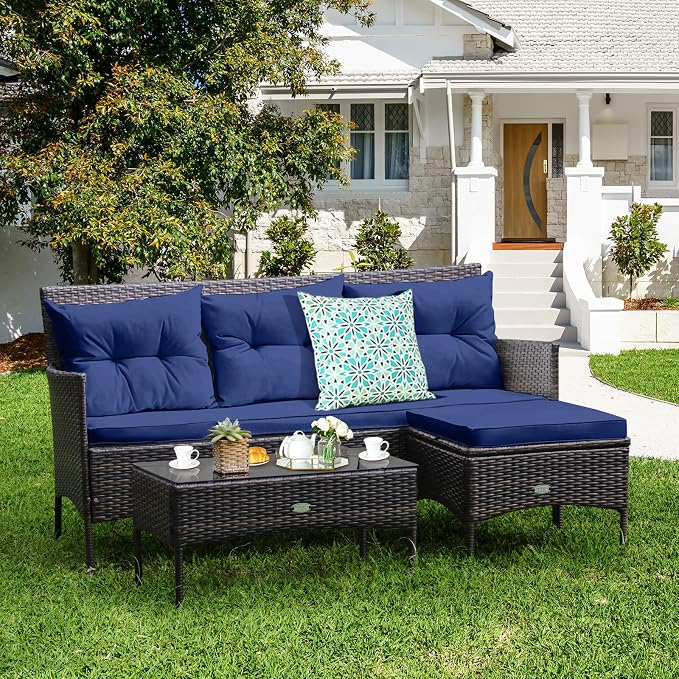 Tangkula 3 Pieces Patio Conversation Set, All Weather Outdoor PE Rattan Wicker - Image 2