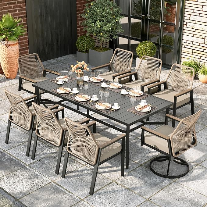 9 Pieces Outdoor Patio Dining Set, Wicker Patio Table and Chairs Set of 8 by MIXPATIO