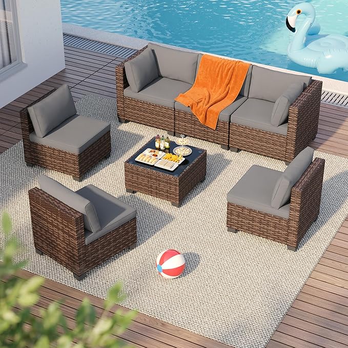 7 Pieces Patio Furniture Set, Outdoor Sectional Rattan Sofa Set, Wicker Patio - Image 5