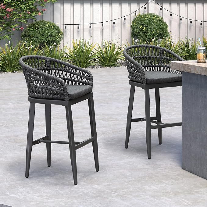 PURPLE LEAF Outdoor Rattan 29" Bar Stools Set of 2, Modern Boho Aluminum Patio - Image 2