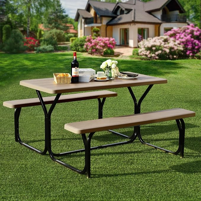 Giantex Picnic Table Bench Set Outdoor Camping All Weather Metal Base Wood-Like - Image 2