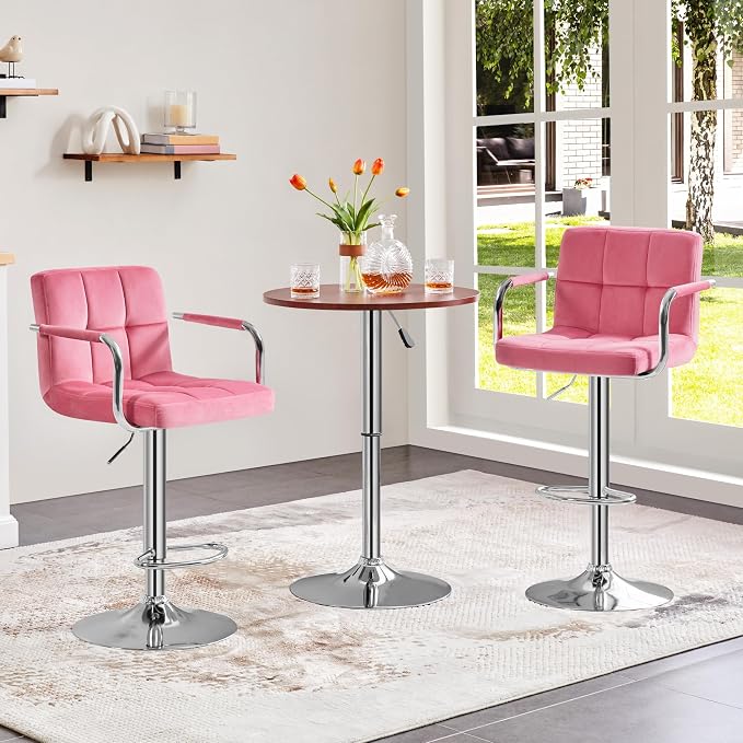 Yaheetech Bar Stools Set of 2, Adjustable Velvet Fabric Swivel Barstools - Image 3