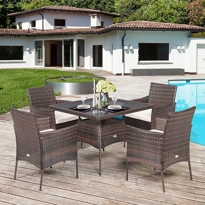 Tangkula 5 Pieces Wicker Patio Dining Set, Outdoor PE Rattan Chairs Table Set - Image 2