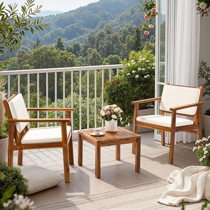 Flamaker Patio Chairs 3 Piece Acacia Wood Patio Furniture by Flamaker