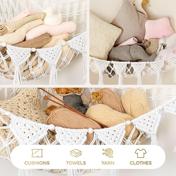 Snow White Macrame DreamLights Boho Stuffed Animal Storage Net and Hammock - Image 6
