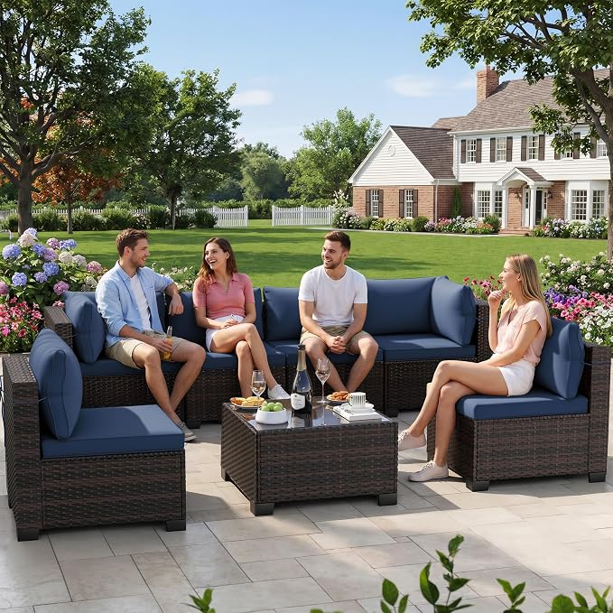 LEVELEVE 7 Pieces Outdoor Patio Furniture Sets, Rattan Conversation Sectional by Enjoyyourlife