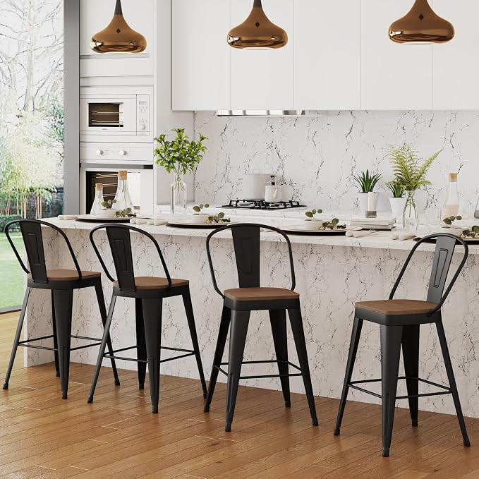 ALISH 26 Inch Industrial Bar Stools Set of 4, High Back Metal Barstools - Image 7