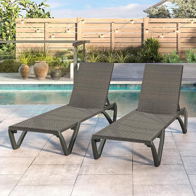 Domi Pool Lounge Chairs Set of 2, Wicker Adjustable Outdoor Chaise Lounge by domioutdoorliving