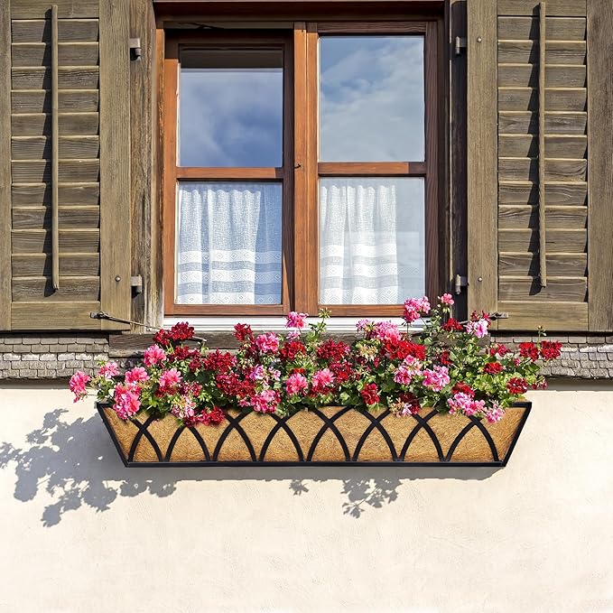 30 Inch Window Deck with Coco Liner Set of 2, Metal Hanging Flower Planter - Image 3