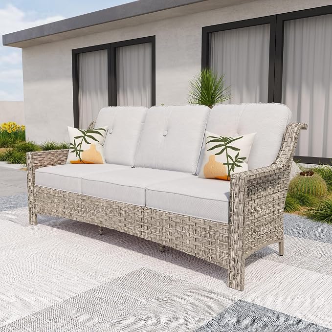 HOOOWOOO Patio Couch, Outdoor Wicker 3 Seater Sofa, All Weather Resistant High by DesignforBetterLife