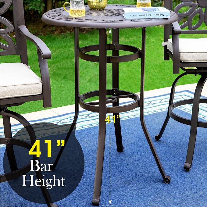 PHI VILLA 32" Cast Aluminum Patio Bar Table, Pub Height Bistro Round Table - Image 3