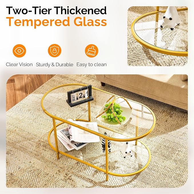 VINGLI 38" Oval Coffee Table, Transparent Glass Metal Coffe Table - Image 3