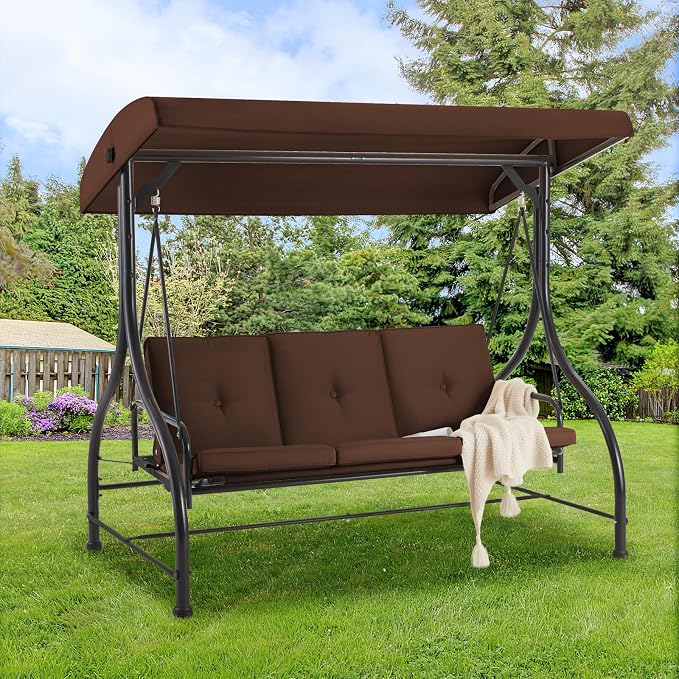 AECOJOY Porch Swing Chair, 3 Seats Porch Swing Adjustable Backrest & Canopy by AECOJOY
