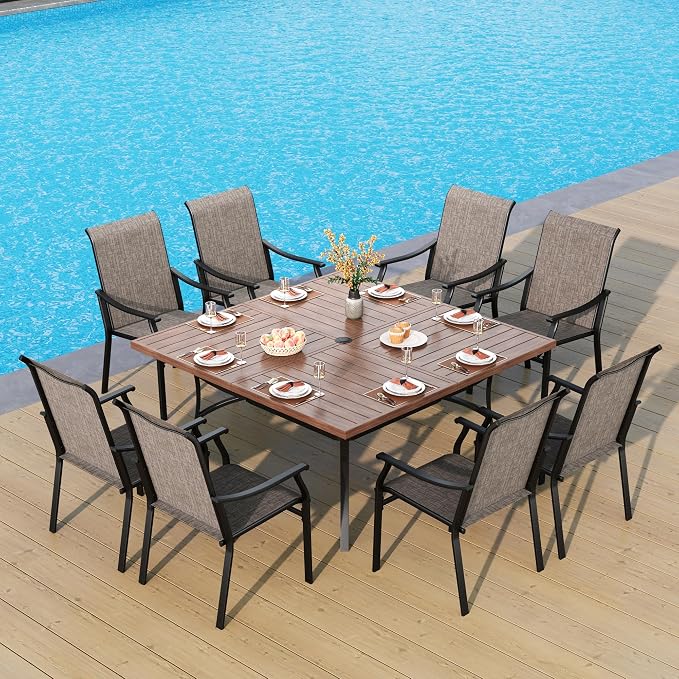PHI VILLA 9 pcs Patio Dining Set, Heavy Duty Extra Large Square Metal Table by PHIVILLAThepioneerofcomfortablehouseholdsupplies