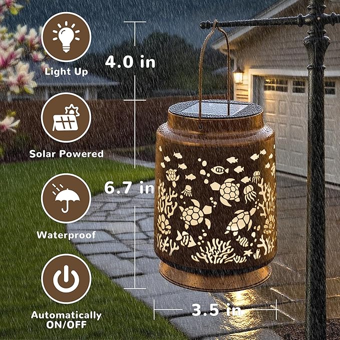 Sea Turtle Solar Lantern for Garden Outdoor Decor – Hanging Metal Light - Image 5