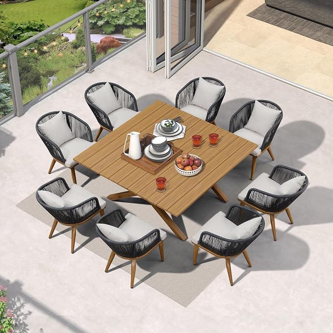PURPLE LEAF 9 Pieces Outdoor Metal Furniture Set Patio Conversation Sets Wood by PURPLELEAF