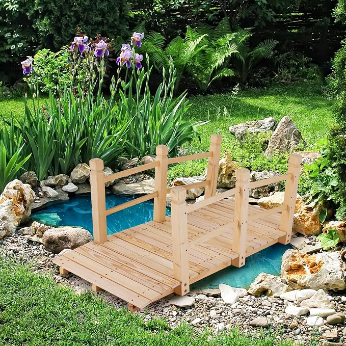 Tangkula 5 FT Wooden Garden Bridge, Arch Stained Finish Footbridge - Image 2