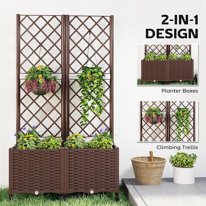 Outsunny Planter Box with Trellis, Self Watering Raised Garden Bed with - Image 3