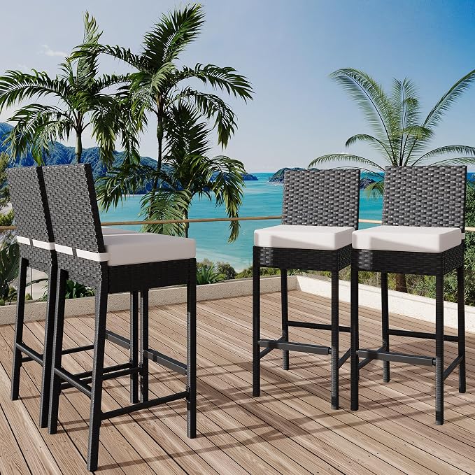 GarveeLife Wicker Woven Outdoor Bar Stools Set of 2, Rattan Patio Stools & - Image 8