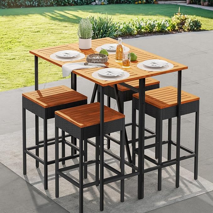 Devoko Patio Bar Set 5 Pieces Acacia Wood Patio High Top Bar Table and Stools - Image 6