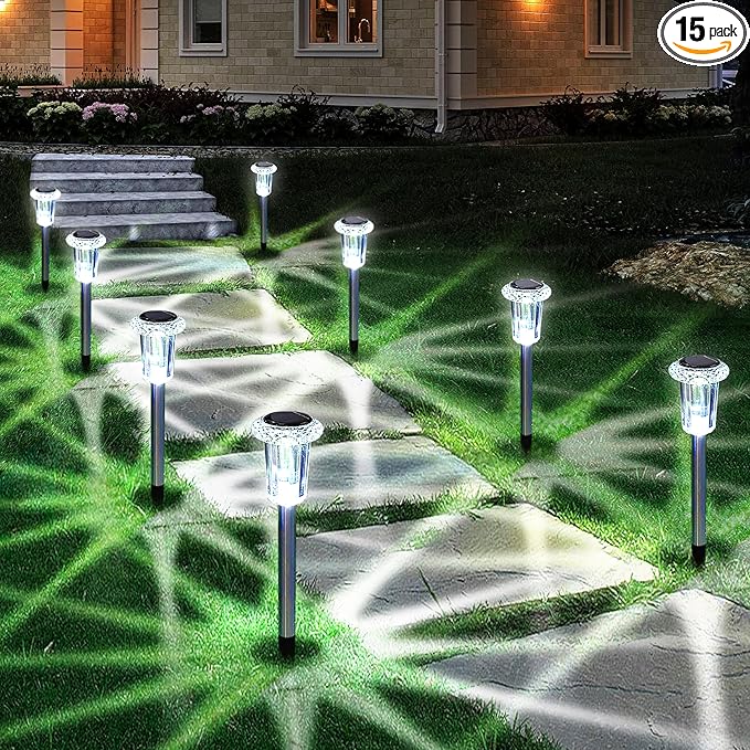 Solar Lights Outdoor, 15 Pack Waterproof Stainless Steel Solar Stake Lights by EYROSA