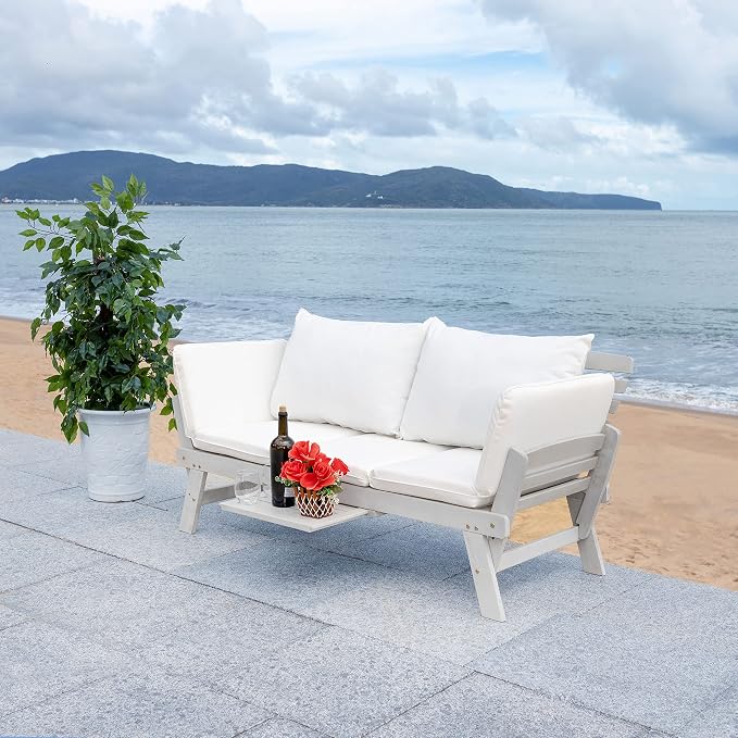SAFAVIEH Outdoor Collection Emely Grey Acacia Wood/Beige Cushion Expandable - Image 3