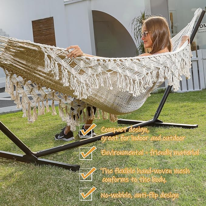 ZEAN Handwoven Hammock with Tassels by Thick Cotton Rope XL Two Person Hammock - Image 4