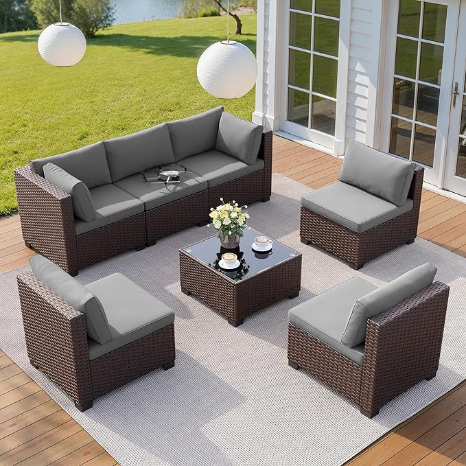 7 Pieces Outdoor Patio Furniture Set, PE Rattan Outdoor Wicker Sectional - Image 6