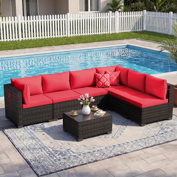 LEVELEVE 7 Pieces Outdoor Patio Furniture Sets, Rattan Conversation Sectional - Image 7