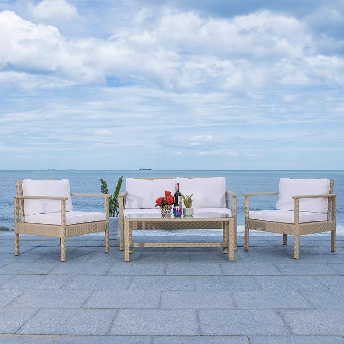 Safavieh Outdoor Collection Garnen Beige Wicker Cushion 4-Piece Living Set - Image 8
