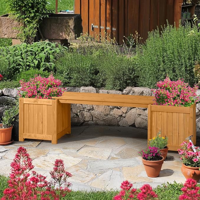 VINGLI Outdoor Wood Bench with Planter Boxes, 2-in-1 All-Weather Porch Bench - Image 2
