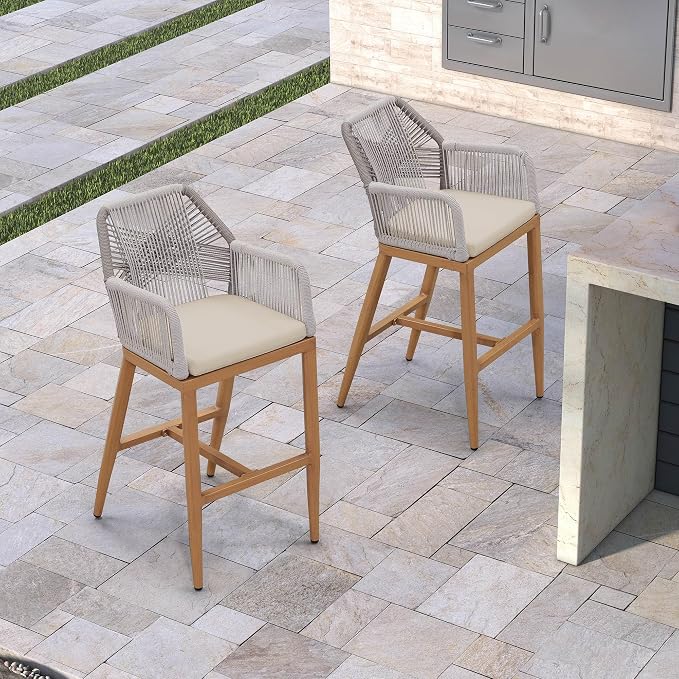 PURPLE LEAF Patio Bar Height Stool 28" H Boho 1 Piece Rattan Aluminum Tall Bar - Image 2