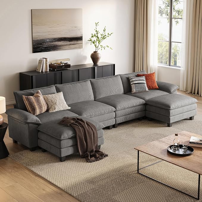 LINSY HOME 157'' Modular Sectional Sofa Grey Couch Corduroy Cloud Couches by LINSYHOME