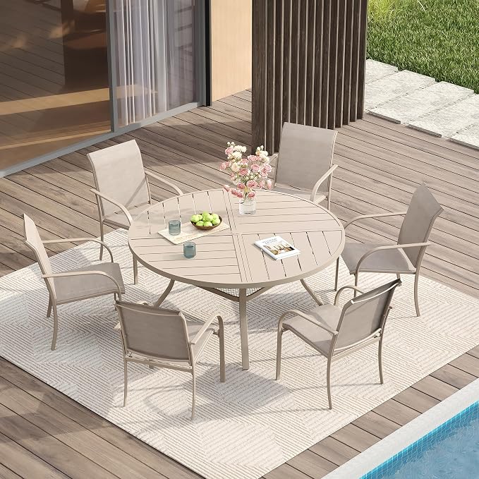 VICLLAX Patio Table and Chair Set of 6, All Weather Metal Round Outdoor Dining by HOME