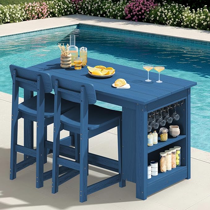 SERWALL 3-Piece Outdoor Counter Height Bar Set, HDPE Patio Bar Table by SERWALL