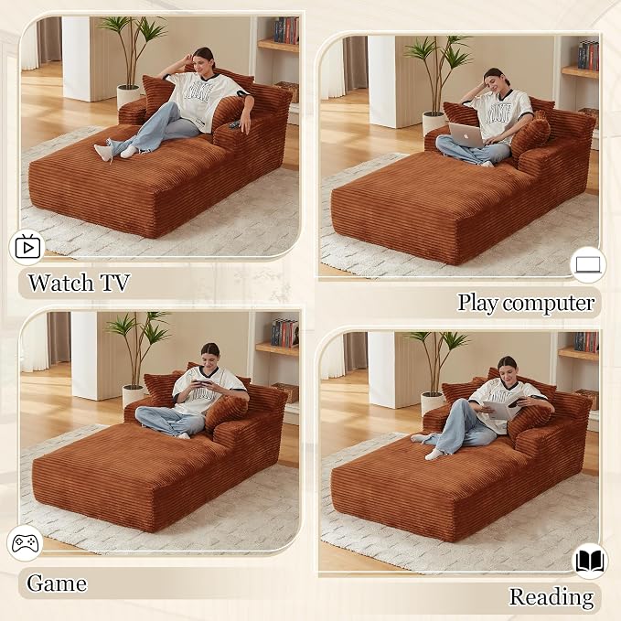80 Inch Chaise Lounge Chair Indoor, Oversized Corduroy Upholstered Boneless - Image 5