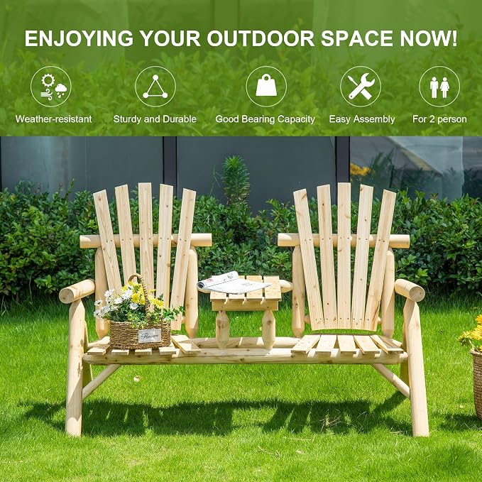 Outsunny 2-Seat Wooden Adirondack Chair, Patio Bench - Image 7
