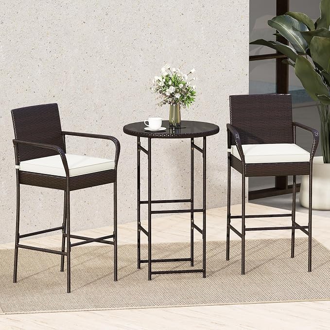 Tangkula 3 Piece Outdoor Bar Set, Patio Rattan Heavy Duty Bar Height Glass Top - Image 2