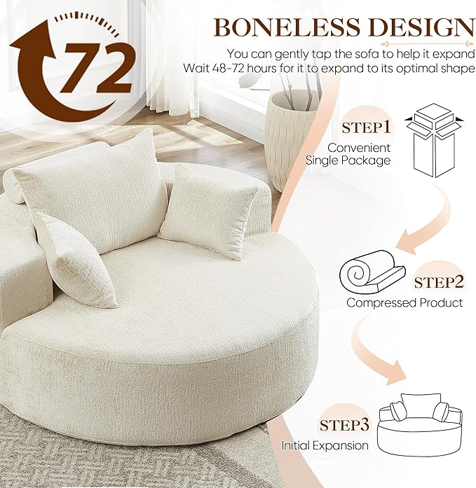 Oversized Round Chaise Longue Chair Indoor, Modern 55-inch Upholstered Chenille - Image 7