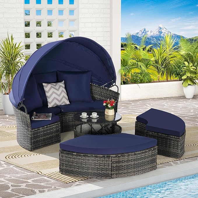 Merax 5 Pieces Outdoor Patio Round Daybed Furniture, All-Weather Wicker - Image 3