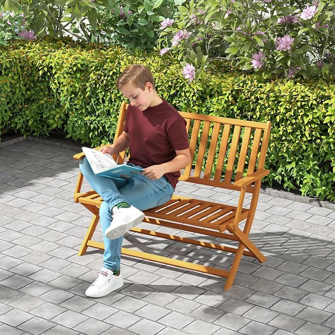 Outsunny Wood Outdoor Bench, 2-Person Foldable Patio Acacia Wood Garden Bench - Image 2