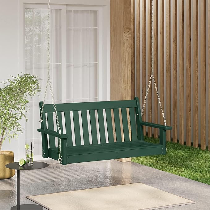 COSTAELM Paradise Outdoor Patio HDPE Hanging Front Porch Swing Bench, Dark Green - Image 2