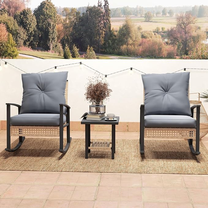 Outsunny 3 Pieces Rocking Wicker Outdoor Bistro Set, Rattan Patio Furniture Set - Image 8