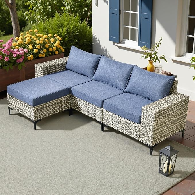 HOOOWOOO Outdoor Sectional Furniture Set, 4 Pieces Wicker Patio Conversation by DesignforBetterLife