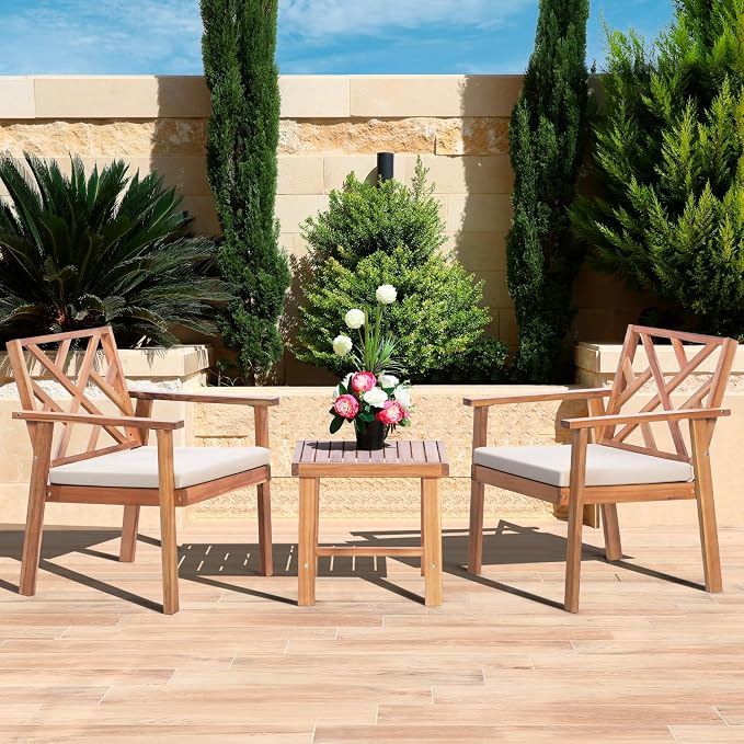 3 Piece Outdoor Patio Furniture Set, Wooden Conversation Patio Set by ColorYourLife