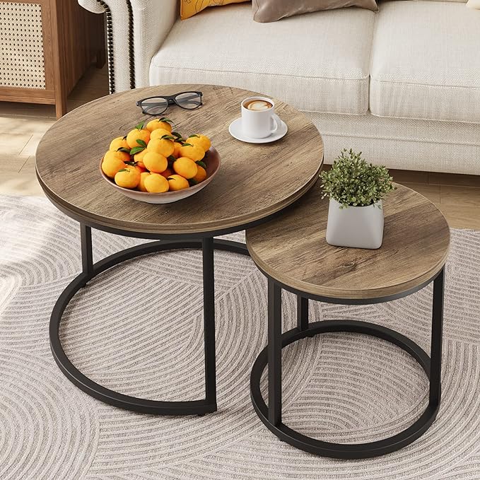Smuxee Nesting Coffee Table Set of 2, 23.6" Round Coffee Table Wood Grain Top by Smuxee